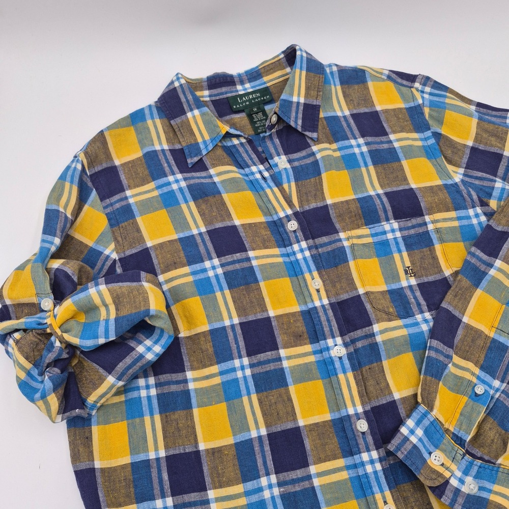 Lauren Ralph Lauren 100% Linen Plaid Roll Tab Button Down Shirt Yellow Blue 1X